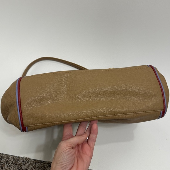 Tory Burch Harper Stripe tote bag.Color is vintage Camel - Picture 4 of 16